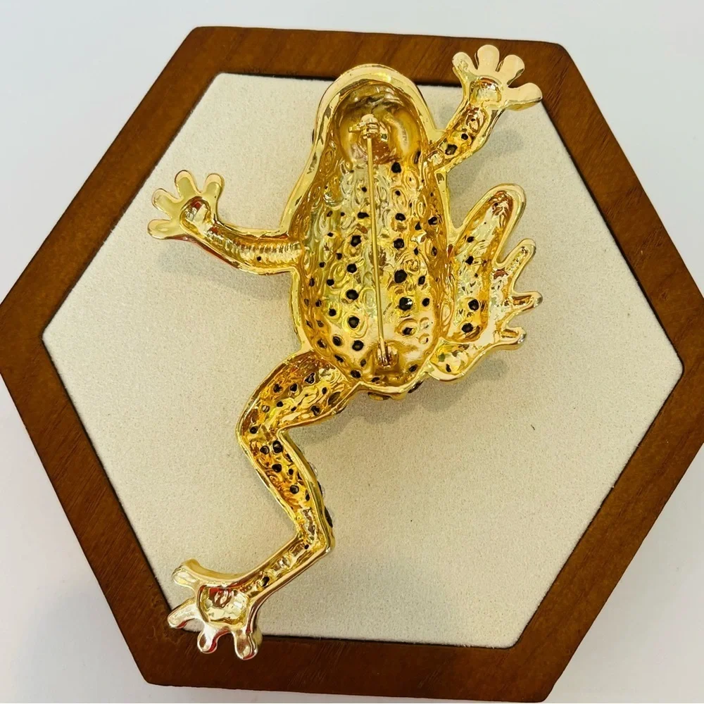 Gold and Crystal Leaping Frog With Emerald Green Eyes Brooch